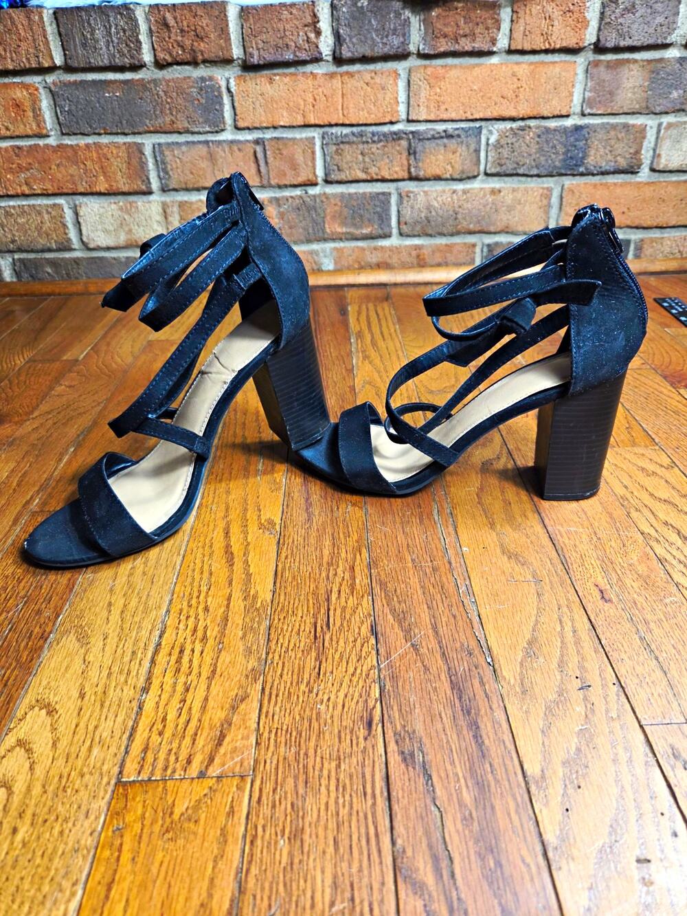 Womens Black Strappy Block Heel Sandals Y2K Caged Ankle Zip Party Heels 8.5